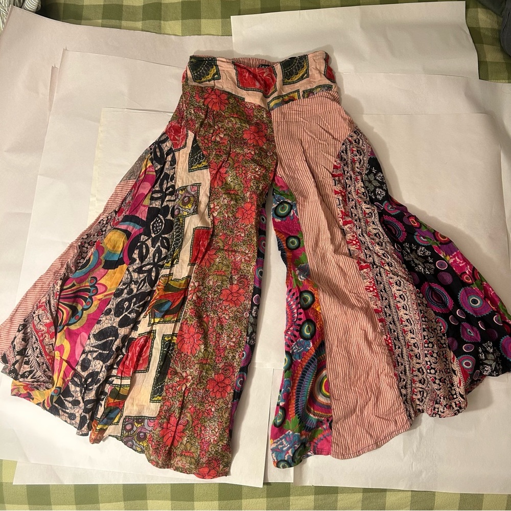 Boho Patchwork Pants Unique Stretch Mid Rise Super Wide Leg Colorful Hippie
